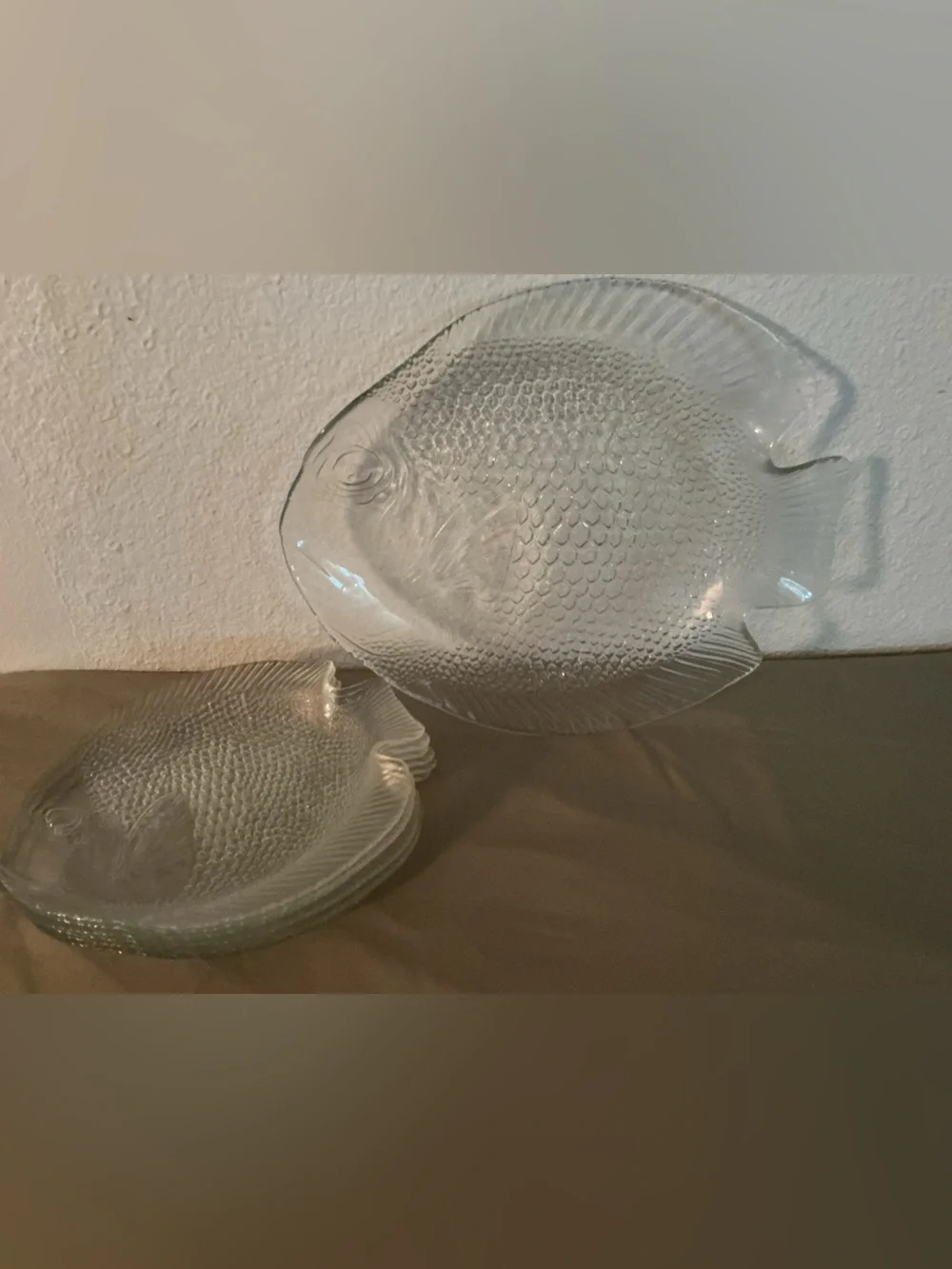 Vintage Arcoroc France Clear Glass Fish Shaped plater & 10” Dinner Plates Set 6